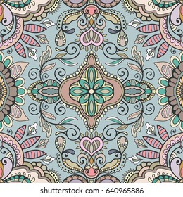 Decorative hand drawn seamless pattern. Colorful abstract art, stylized floral doodle background. Tribal ethnic ornate decoration. Arabic, indian, turkish ornament. Vector geometric repeating texture