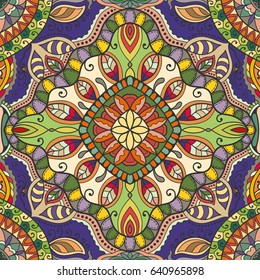Decorative hand drawn seamless pattern. Colorful abstract art, stylized floral doodle background. Tribal ethnic ornate decoration. Arabic, indian, turkish ornament. Vector geometric repeating texture