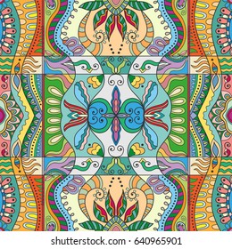 Decorative hand drawn seamless pattern. Colorful abstract art, stylized floral doodle background. Tribal ethnic ornate decoration. Arabic, indian, turkish ornament. Vector geometric repeating texture