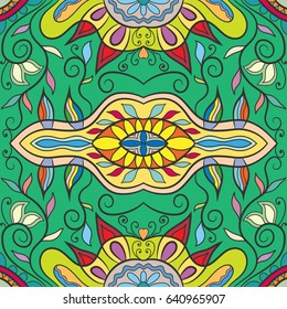 Decorative hand drawn seamless pattern. Colorful abstract art, stylized floral doodle background. Tribal ethnic ornate decoration. Arabic, indian, turkish ornament. Vector geometric repeating texture