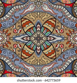 Decorative hand drawn seamless pattern. Colorful abstract art, stylized floral doodle background. Tribal ethnic ornate decoration. Arabic, indian, turkish ornament. Vector geometric repeating texture