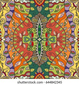 Decorative hand drawn seamless pattern. Colorful abstract art, stylized floral doodle background. Tribal ethnic ornate decoration. Arabic, indian, turkish ornament. Vector geometric repeating texture