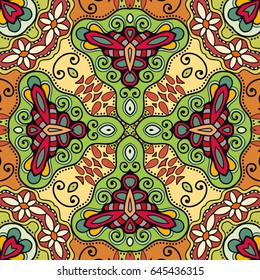 Decorative hand drawn seamless pattern. Colorful abstract art, stylized floral doodle background. Tribal ethnic ornate decoration. Arabic, indian, turkish ornament. Vector geometric repeating texture