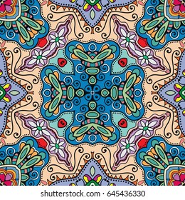 Decorative hand drawn seamless pattern. Colorful abstract art, stylized floral doodle background. Tribal ethnic ornate decoration. Arabic, indian, turkish ornament. Vector geometric repeating texture
