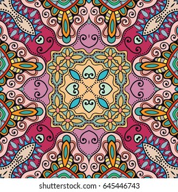 Decorative hand drawn seamless pattern. Colorful abstract art, stylized floral doodle background. Tribal ethnic ornate decoration. Arabic, indian, turkish ornament. Vector geometric repeating texture