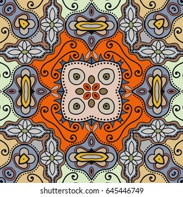 Decorative hand drawn seamless pattern. Colorful abstract art, stylized floral doodle background. Tribal ethnic ornate decoration. Arabic, indian, turkish ornament. Vector geometric repeating texture
