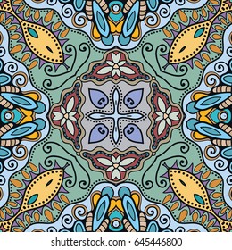 Decorative hand drawn seamless pattern. Colorful abstract art, stylized floral doodle background. Tribal ethnic ornate decoration. Arabic, indian, turkish ornament. Vector geometric repeating texture