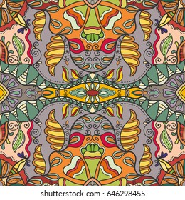 Decorative hand drawn seamless pattern. Colorful abstract art, stylized floral doodle background. Tribal ethnic ornate decoration. Arabic, indian, turkish ornament. Vector geometric repeating texture