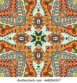 Decorative hand drawn seamless pattern. Colorful abstract art, stylized floral doodle background. Tribal ethnic ornate decoration. Arabic, indian, turkish ornament. Vector geometric repeating texture