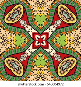Decorative hand drawn seamless pattern. Colorful abstract art, stylized floral doodle background. Tribal ethnic ornate decoration. Arabic, indian, turkish ornament. Vector geometric repeating texture