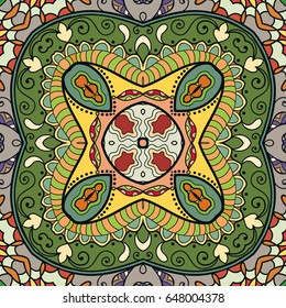 Decorative hand drawn seamless pattern. Colorful abstract art, stylized floral doodle background. Tribal ethnic ornate decoration. Arabic, indian, turkish ornament. Vector geometric repeating texture