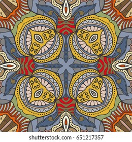 Decorative hand drawn seamless pattern. Colorful abstract art, stylized floral doodle background. Tribal ethnic ornate decoration. Arabic, indian, turkish ornament. Vector geometric repeating texture