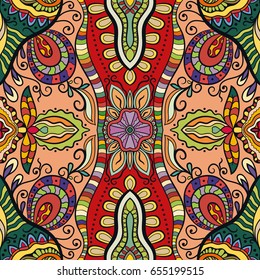 Decorative hand drawn seamless pattern. Colorful abstract art, stylized floral doodle background. Tribal ethnic ornate decoration. Arabic, indian, turkish ornament. Vector geometric repeating texture