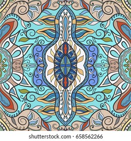 Decorative hand drawn seamless pattern. Colorful abstract art, stylized floral doodle background. Tribal ethnic ornate decoration. Arabic, indian, turkish ornament. Vector geometric repeating texture