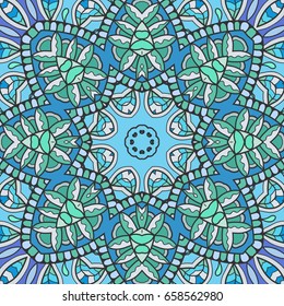 Decorative hand drawn seamless pattern. Colorful abstract art, stylized floral doodle background. Tribal ethnic ornate decoration. Arabic, indian, turkish ornament. Vector geometric repeating texture