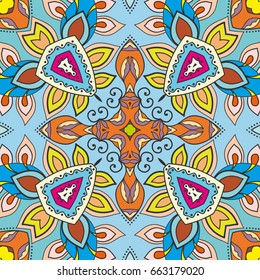 Decorative hand drawn seamless pattern. Colorful abstract art, stylized floral doodle background. Tribal ethnic ornate decoration. Arabic, indian, turkish ornament. Vector geometric repeating texture