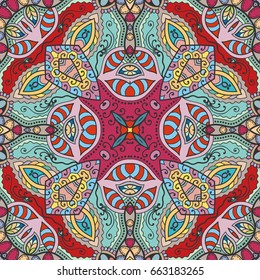 Decorative hand drawn seamless pattern. Colorful abstract art, stylized floral doodle background. Tribal ethnic ornate decoration. Arabic, indian, turkish ornament. Vector geometric repeating texture