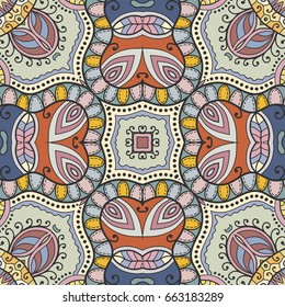 Decorative hand drawn seamless pattern. Colorful abstract art, stylized floral doodle background. Tribal ethnic ornate decoration. Arabic, indian, turkish ornament. Vector geometric repeating texture