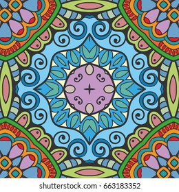 Decorative hand drawn seamless pattern. Colorful abstract art, stylized floral doodle background. Tribal ethnic ornate decoration. Arabic, indian, turkish ornament. Vector geometric repeating texture