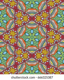 Decorative hand drawn seamless pattern. Colorful abstract art, stylized floral doodle background. Tribal ethnic ornate decoration. Arabic, indian, turkish ornament. Vector geometric repeating texture