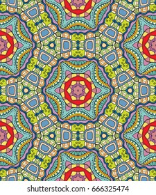 Decorative hand drawn seamless pattern. Colorful abstract art, stylized floral doodle background. Tribal ethnic ornate decoration. Arabic, indian, turkish ornament. Vector geometric repeating texture