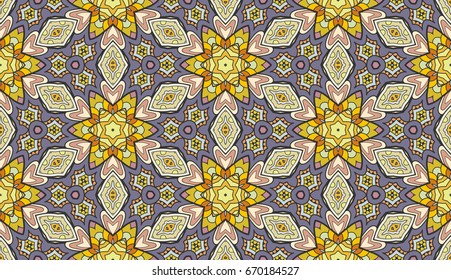 Decorative hand drawn seamless pattern. Abstract colorful floral geometric background, doodle artistic pattern. Tribal ethnic arabic, indian ornament. Textile fabric or paper print