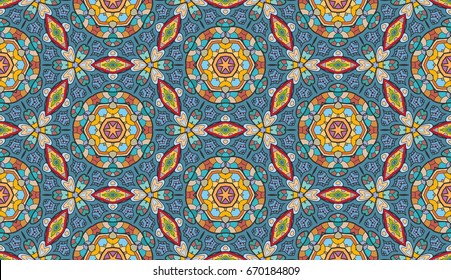 Decorative hand drawn seamless pattern. Abstract colorful floral geometric background, doodle artistic pattern. Tribal ethnic arabic, indian ornament. Textile fabric or paper print