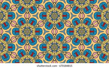 Decorative hand drawn seamless pattern. Abstract colorful floral geometric background, doodle artistic pattern. Tribal ethnic arabic, indian ornament. Textile fabric or paper print