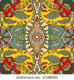 Decorative hand drawn seamless pattern. Colorful abstract art, stylized floral doodle background. Tribal ethnic ornate decoration. Arabic, indian, turkish ornament. Vector geometric repeating texture