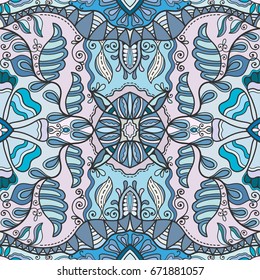 Decorative hand drawn seamless pattern. Colorful abstract art, stylized floral doodle background. Tribal ethnic ornate decoration. Arabic, indian, turkish ornament. Vector geometric repeating texture