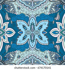 Decorative hand drawn seamless pattern. Colorful abstract art, stylized floral doodle background. Tribal ethnic ornate decoration. Arabic, indian, turkish ornament. Vector geometric repeating texture