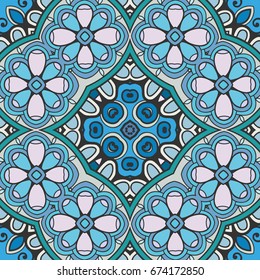 Decorative hand drawn seamless pattern. Colorful abstract art, stylized floral doodle background. Tribal ethnic ornate decoration. Arabic, indian, turkish ornament. Vector geometric repeating texture