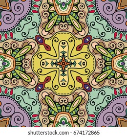 Decorative hand drawn seamless pattern. Colorful abstract art, stylized floral doodle background. Tribal ethnic ornate decoration. Arabic, indian, turkish ornament. Vector geometric repeating texture