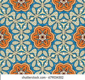 Decorative hand drawn seamless pattern. Abstract colorful floral geometric background, doodle artistic pattern. Tribal ethnic arabic, indian ornament. Textile fabric or paper print