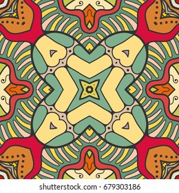 Decorative hand drawn seamless pattern. Colorful abstract art, stylized floral doodle background. Tribal ethnic ornate decoration. Arabic, indian, turkish ornament. Vector geometric repeating texture