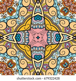 Decorative hand drawn seamless pattern. Colorful abstract art, stylized floral doodle background. Tribal ethnic ornate decoration. Arabic, indian, turkish ornament. Vector geometric repeating texture