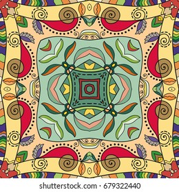 Decorative hand drawn seamless pattern. Colorful abstract art, stylized floral doodle background. Tribal ethnic ornate decoration. Arabic, indian, turkish ornament. Vector geometric repeating texture