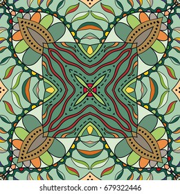 Decorative hand drawn seamless pattern. Colorful abstract art, stylized floral doodle background. Tribal ethnic ornate decoration. Arabic, indian, turkish ornament. Vector geometric repeating texture