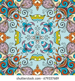 Decorative hand drawn seamless pattern. Colorful abstract art, stylized floral doodle background. Tribal ethnic ornate decoration. Arabic, indian, turkish ornament. Vector geometric repeating texture