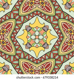 Decorative hand drawn seamless pattern. Colorful abstract art, stylized floral doodle background. Tribal ethnic ornate decoration. Arabic, indian, turkish ornament. Vector geometric repeating texture
