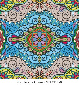Decorative hand drawn seamless pattern. Colorful abstract art, stylized floral doodle background. Tribal ethnic ornate decoration. Arabic, indian, turkish ornament. Vector geometric repeating texture