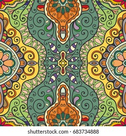 Decorative hand drawn seamless pattern. Colorful abstract art, stylized floral doodle background. Tribal ethnic ornate decoration. Arabic, indian, turkish ornament. Vector geometric repeating texture