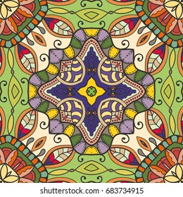 Decorative hand drawn seamless pattern. Colorful abstract art, stylized floral doodle background. Tribal ethnic ornate decoration. Arabic, indian, turkish ornament. Vector geometric repeating texture