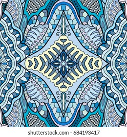 Decorative hand drawn seamless pattern. Colorful abstract art, stylized floral doodle background. Tribal ethnic ornate decoration. Arabic, indian, turkish ornament. Vector geometric repeating texture