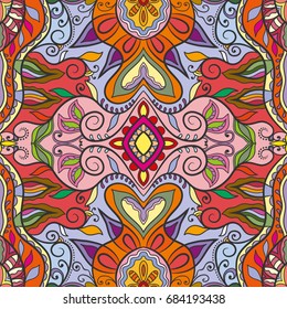 Decorative hand drawn seamless pattern. Colorful abstract art, stylized floral doodle background. Tribal ethnic ornate decoration. Arabic, indian, turkish ornament. Vector geometric repeating texture