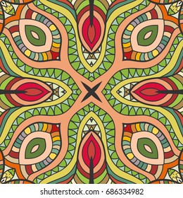 Decorative hand drawn seamless pattern. Colorful abstract art, stylized floral doodle background. Tribal ethnic ornate decoration. Arabic, indian, turkish ornament. Vector geometric repeating texture