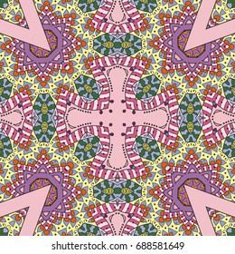 Decorative hand drawn seamless pattern. Colorful abstract art, stylized floral doodle background. Tribal ethnic ornate decoration. Arabic, indian, turkish ornament. Vector geometric repeating texture
