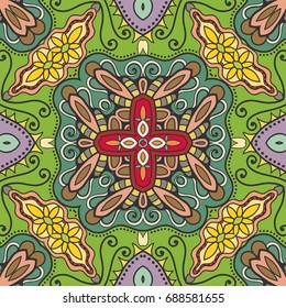 Decorative hand drawn seamless pattern. Colorful abstract art, stylized floral doodle background. Tribal ethnic ornate decoration. Arabic, indian, turkish ornament. Vector geometric repeating texture