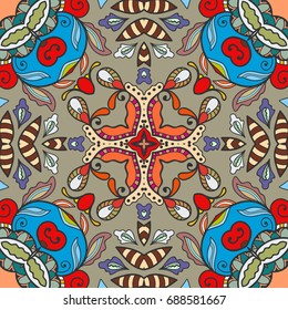 Decorative hand drawn seamless pattern. Colorful abstract art, stylized floral doodle background. Tribal ethnic ornate decoration. Arabic, indian, turkish ornament. Vector geometric repeating texture