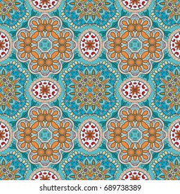 Decorative hand drawn seamless pattern. Colorful abstract art, stylized floral doodle background. Tribal ethnic ornate decoration. Arabic, indian, turkish ornament. Vector geometric repeating texture